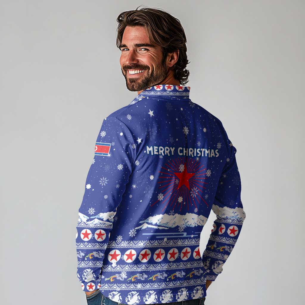 North Korea Christmas Long Sleeve Polo Shirt with Blue Pattern, Red Star, and Snowy Mountain Motif - Wonder Print Shop