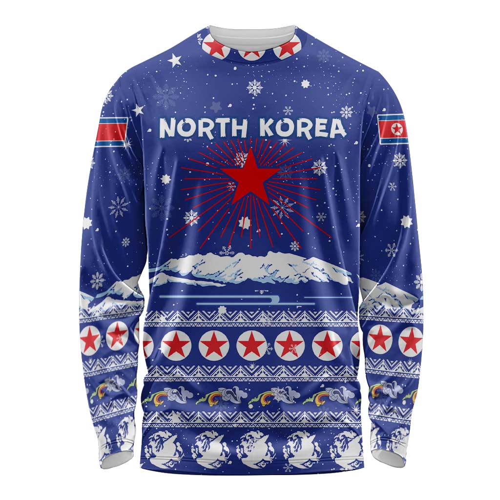 North Korea Christmas Long Sleeve Shirt with Blue Pattern, Red Star, and Snowy Mountain Motif - Wonder Print Shop