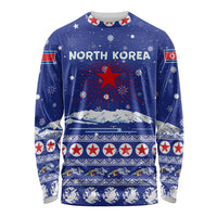 North Korea Christmas Long Sleeve Shirt with Blue Pattern, Red Star, and Snowy Mountain Motif - Wonder Print Shop