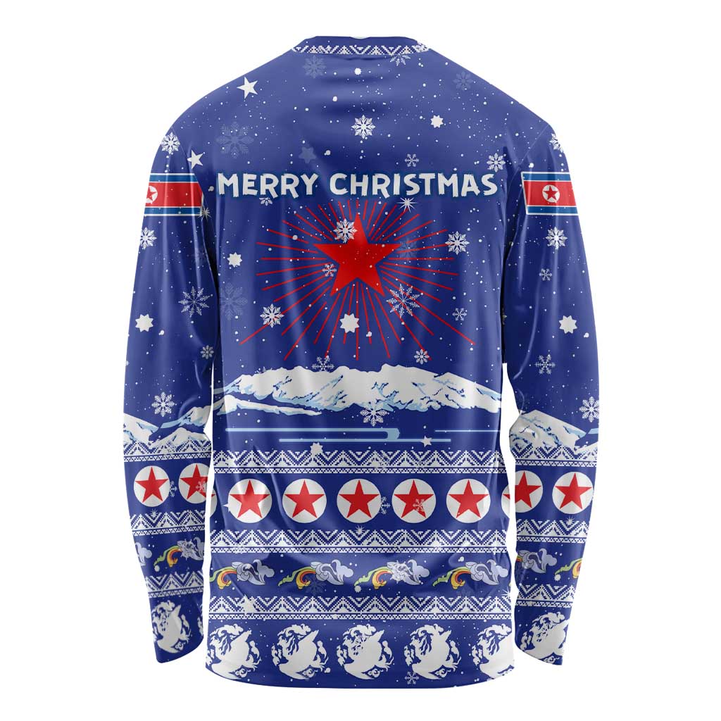 North Korea Christmas Long Sleeve Shirt with Blue Pattern, Red Star, and Snowy Mountain Motif - Wonder Print Shop