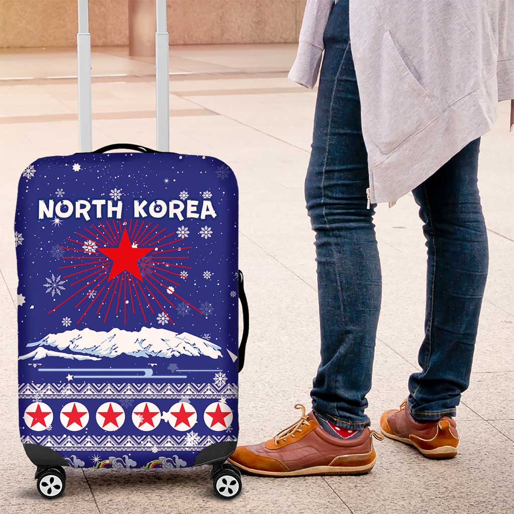 North Korea Christmas Luggage Cover with Blue Pattern, Red Star, and Snowy Mountain Motif - Wonder Print Shop