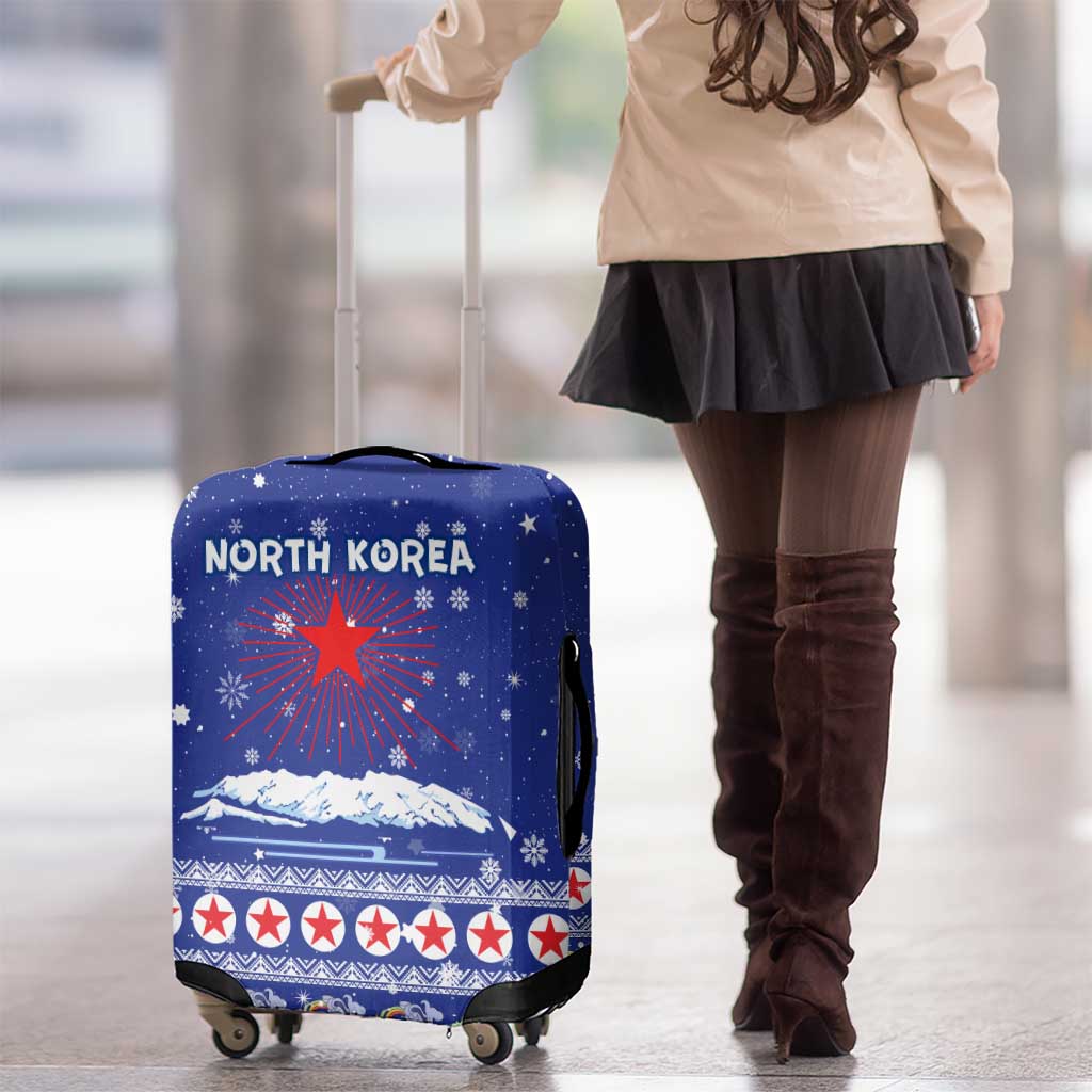 North Korea Christmas Luggage Cover with Blue Pattern, Red Star, and Snowy Mountain Motif - Wonder Print Shop