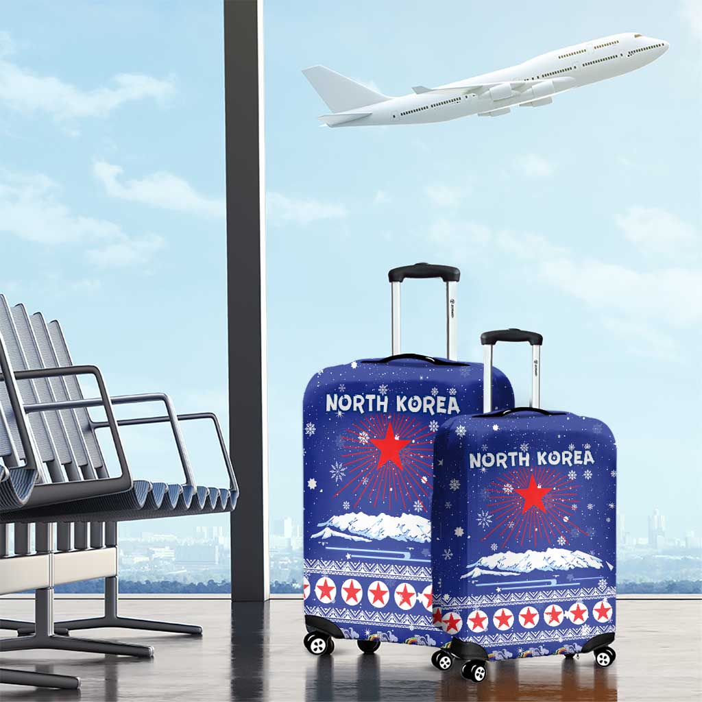 North Korea Christmas Luggage Cover with Blue Pattern, Red Star, and Snowy Mountain Motif - Wonder Print Shop