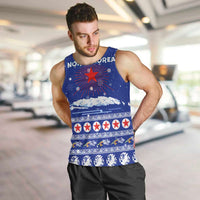 North Korea Christmas Men Tank Top with Blue Pattern, Red Star, and Snowy Mountain Motif - Wonder Print Shop