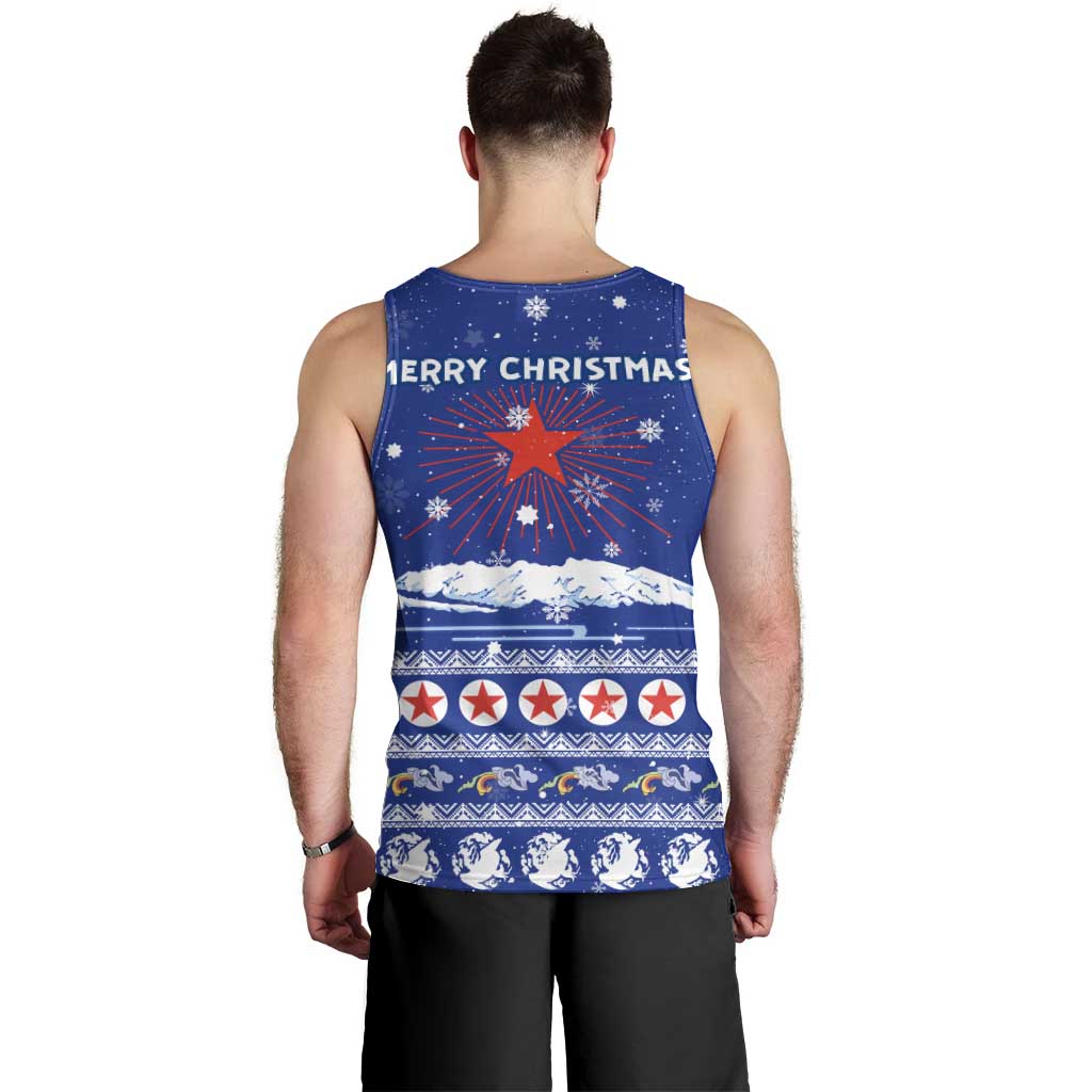 North Korea Christmas Men Tank Top with Blue Pattern, Red Star, and Snowy Mountain Motif - Wonder Print Shop