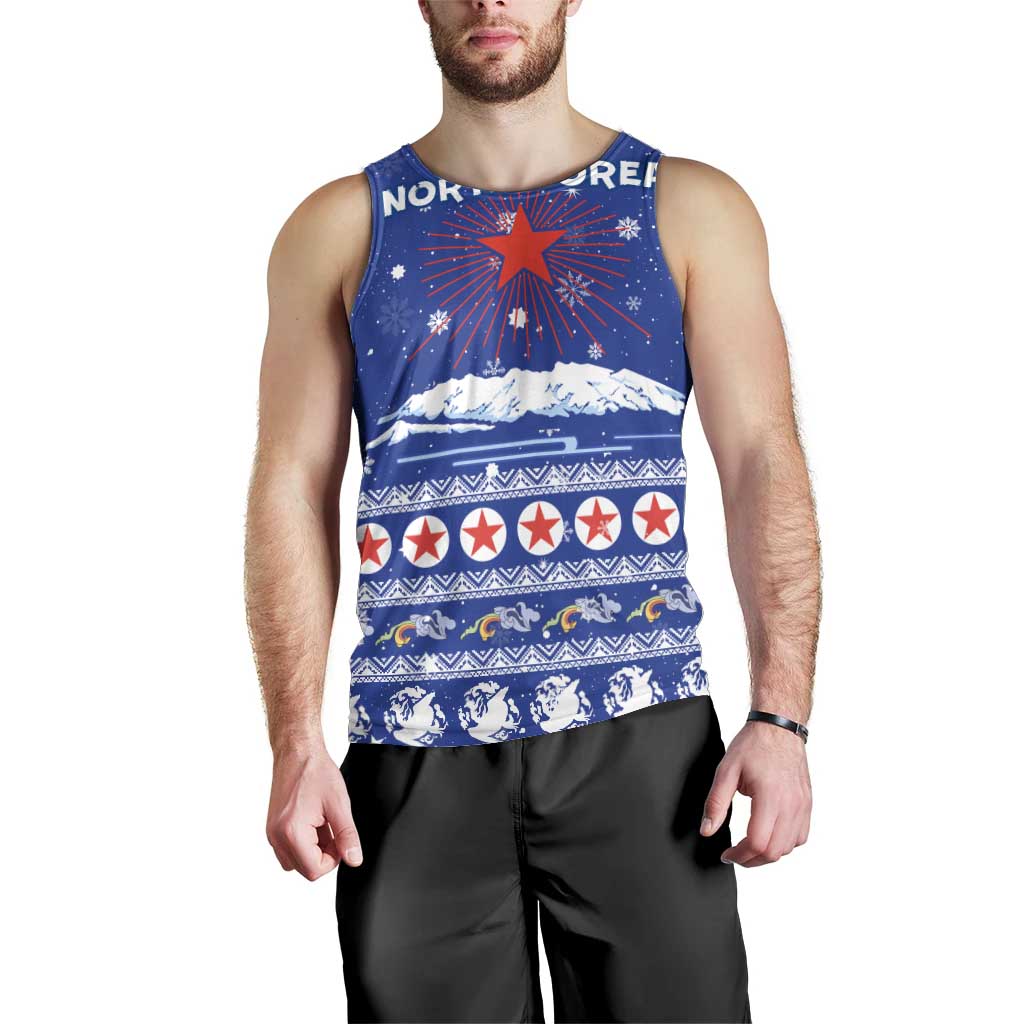 North Korea Christmas Men Tank Top with Blue Pattern, Red Star, and Snowy Mountain Motif - Wonder Print Shop