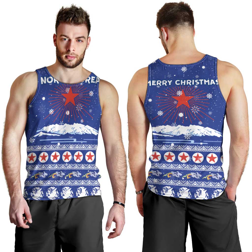 North Korea Christmas Men Tank Top with Blue Pattern, Red Star, and Snowy Mountain Motif - Wonder Print Shop