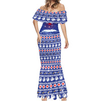 North Korea Christmas Mermaid Dress with Blue Pattern, Red Star, and Snowy Mountain Motif - Wonder Print Shop