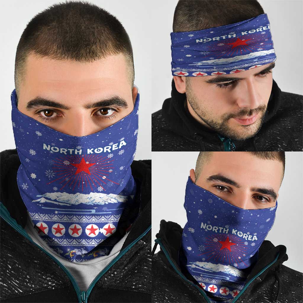 North Korea Christmas Neck Gaiter with Blue Pattern, Red Star, and Snowy Mountain Motif - Wonder Print Shop