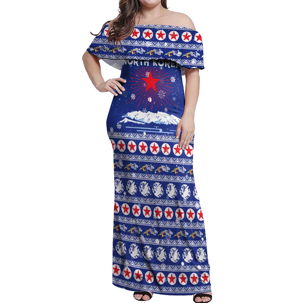 North Korea Christmas Off Shoulder Maxi Dress with Blue Pattern, Red Star, and Snowy Mountain Motif - Wonder Print Shop