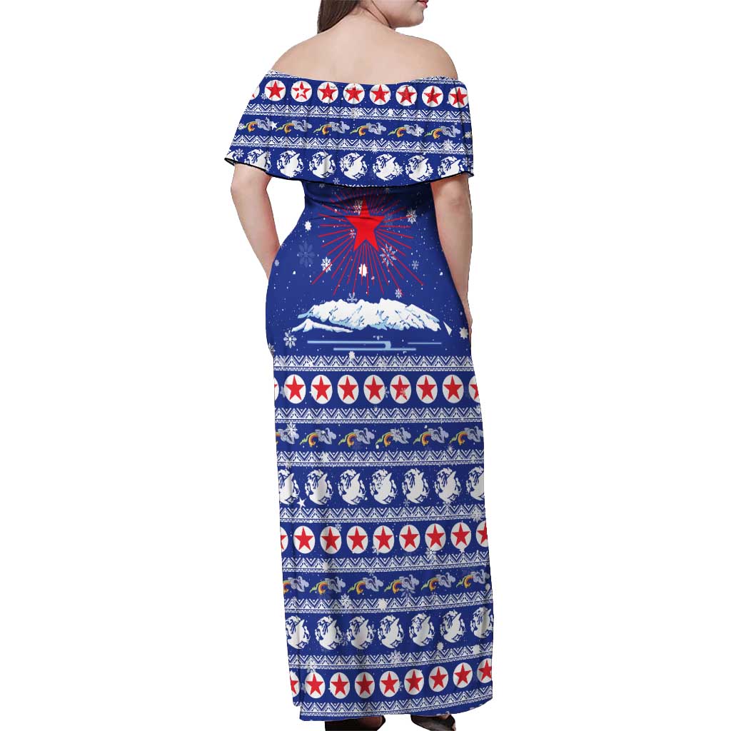North Korea Christmas Off Shoulder Maxi Dress with Blue Pattern, Red Star, and Snowy Mountain Motif - Wonder Print Shop