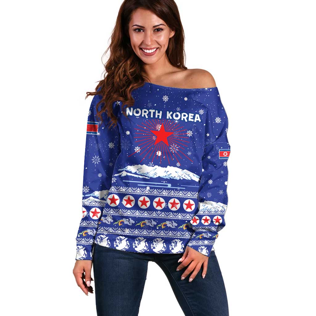 North Korea Christmas Off Shoulder Sweater with Blue Pattern, Red Star, and Snowy Mountain Motif - Wonder Print Shop