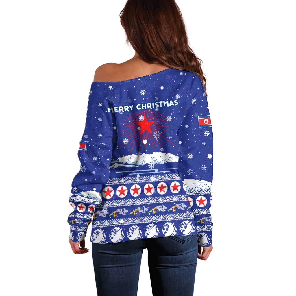 North Korea Christmas Off Shoulder Sweater with Blue Pattern, Red Star, and Snowy Mountain Motif - Wonder Print Shop