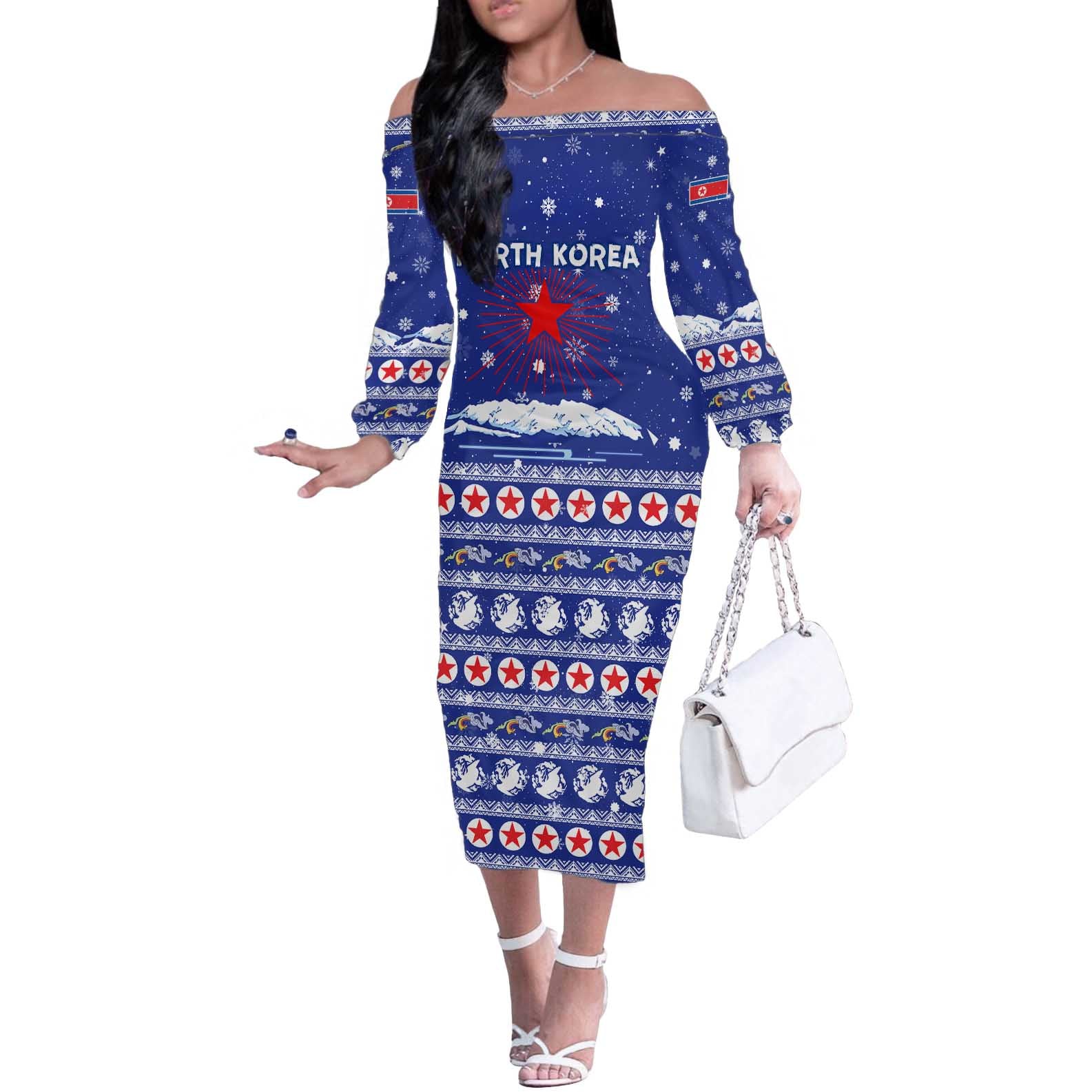 North Korea Christmas Off The Shoulder Long Sleeve Dress with Blue Pattern, Red Star, and Snowy Mountain Motif - Wonder Print Shop