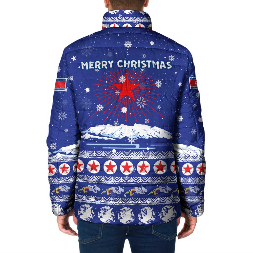 North Korea Christmas Padded Jacket with Blue Pattern, Red Star, and Snowy Mountain Motif - Wonder Print Shop