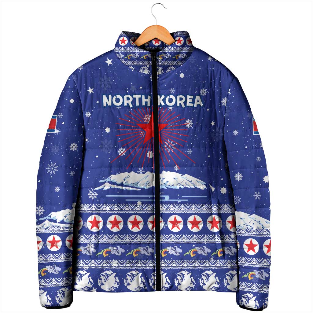 North Korea Christmas Padded Jacket with Blue Pattern, Red Star, and Snowy Mountain Motif - Wonder Print Shop