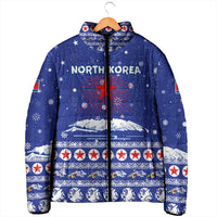 North Korea Christmas Padded Jacket with Blue Pattern, Red Star, and Snowy Mountain Motif - Wonder Print Shop