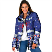 North Korea Christmas Padded Jacket with Blue Pattern, Red Star, and Snowy Mountain Motif - Wonder Print Shop