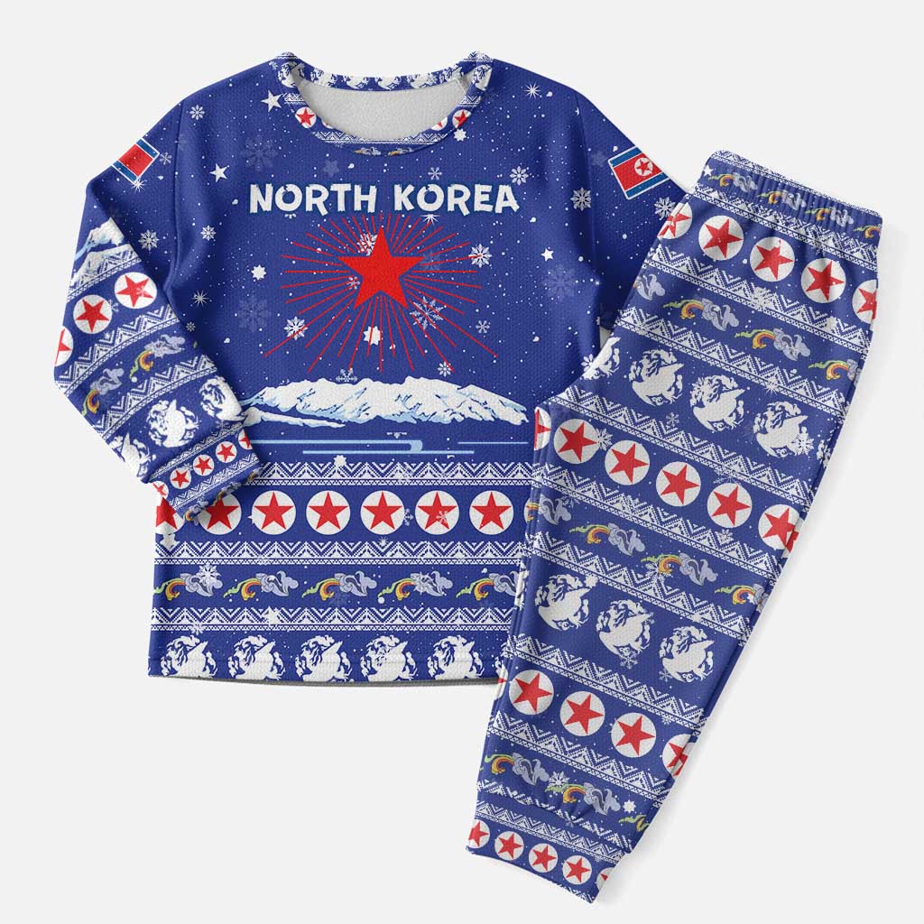 North Korea Christmas Pajama Set with Blue Pattern, Red Star, and Snowy Mountain Motif - Wonder Print Shop