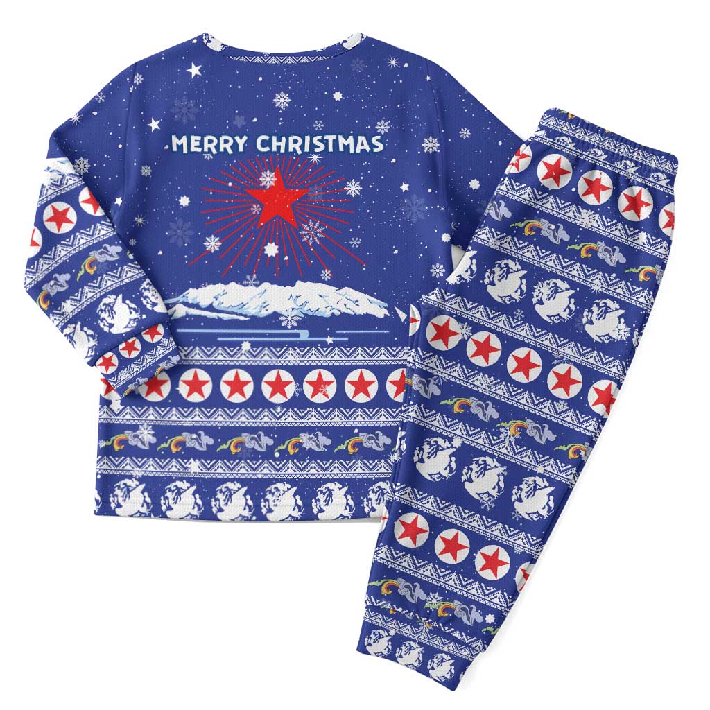 North Korea Christmas Pajama Set with Blue Pattern, Red Star, and Snowy Mountain Motif - Wonder Print Shop