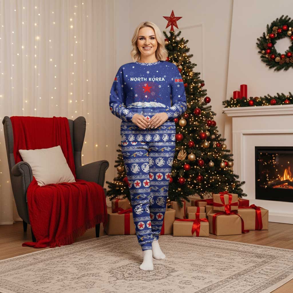 North Korea Christmas Pajama Set with Blue Pattern, Red Star, and Snowy Mountain Motif - Wonder Print Shop