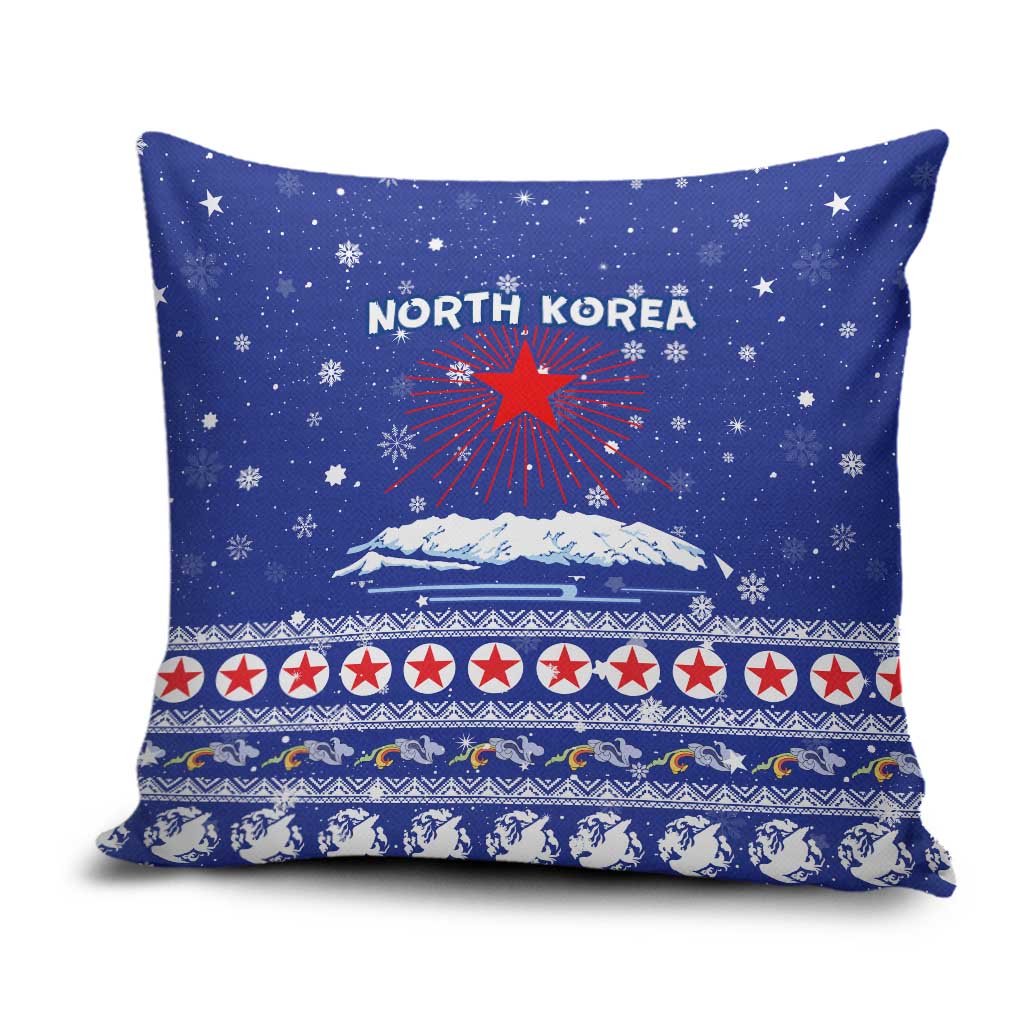 North Korea Christmas Pillow Cover with Blue Pattern, Red Star, and Snowy Mountain Motif - Wonder Print Shop