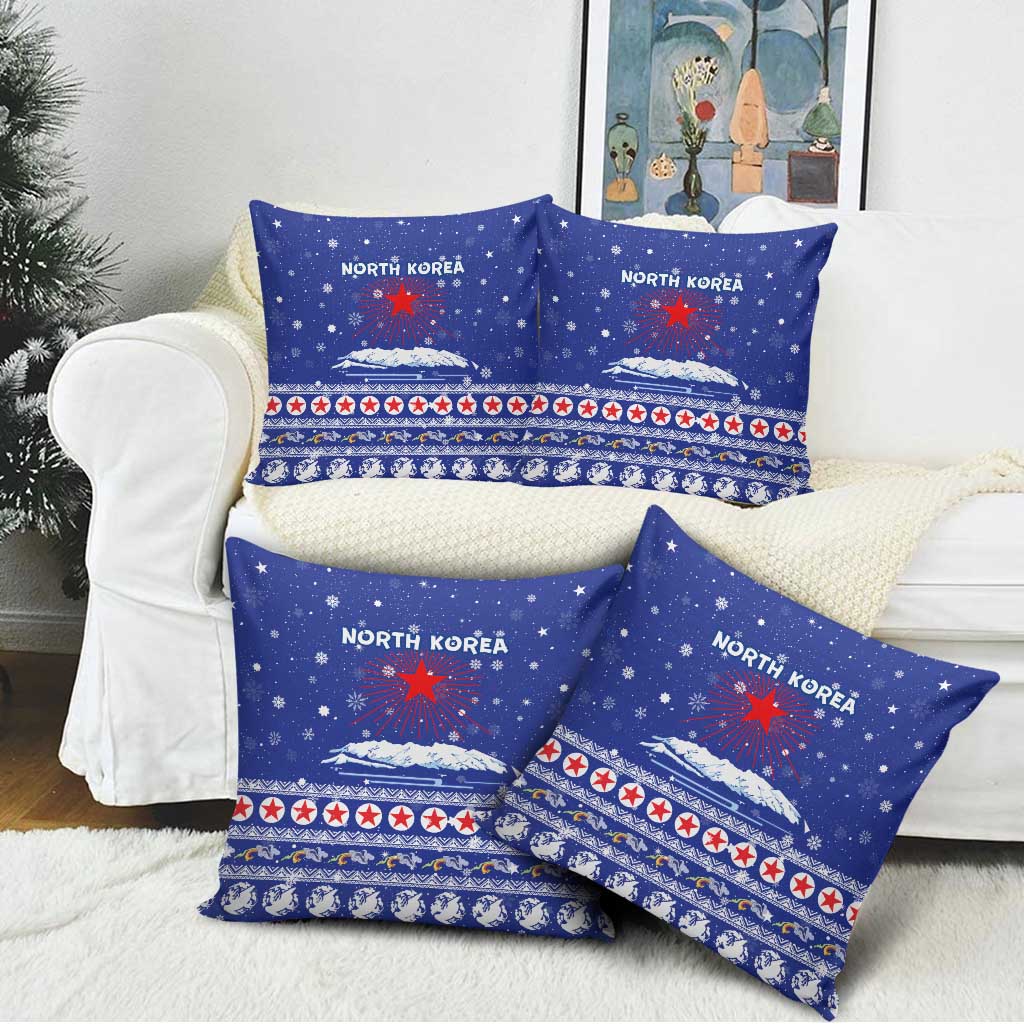 North Korea Christmas Pillow Cover with Blue Pattern, Red Star, and Snowy Mountain Motif - Wonder Print Shop