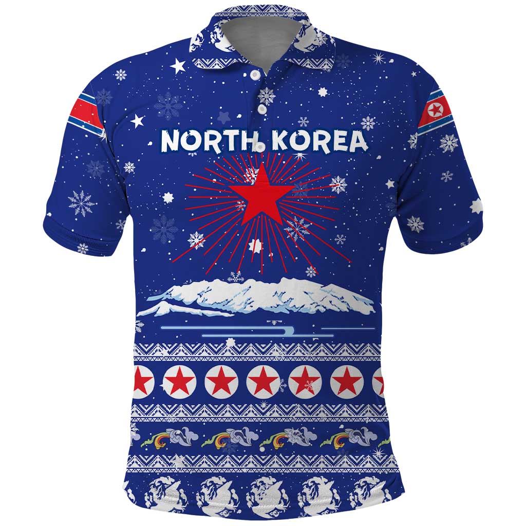 North Korea Christmas Polo Shirt with Blue Pattern, Red Star, and Snowy Mountain Motif - Wonder Print Shop