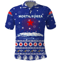 North Korea Christmas Polo Shirt with Blue Pattern, Red Star, and Snowy Mountain Motif - Wonder Print Shop