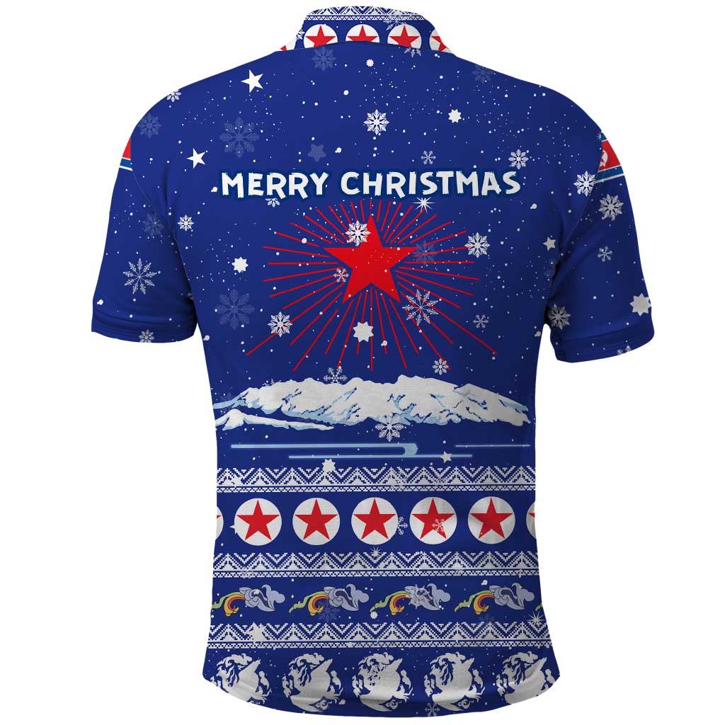 North Korea Christmas Polo Shirt with Blue Pattern, Red Star, and Snowy Mountain Motif - Wonder Print Shop