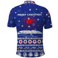 North Korea Christmas Polo Shirt with Blue Pattern, Red Star, and Snowy Mountain Motif - Wonder Print Shop