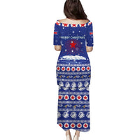 North Korea Christmas Puletasi with Blue Pattern, Red Star, and Snowy Mountain Motif - Wonder Print Shop