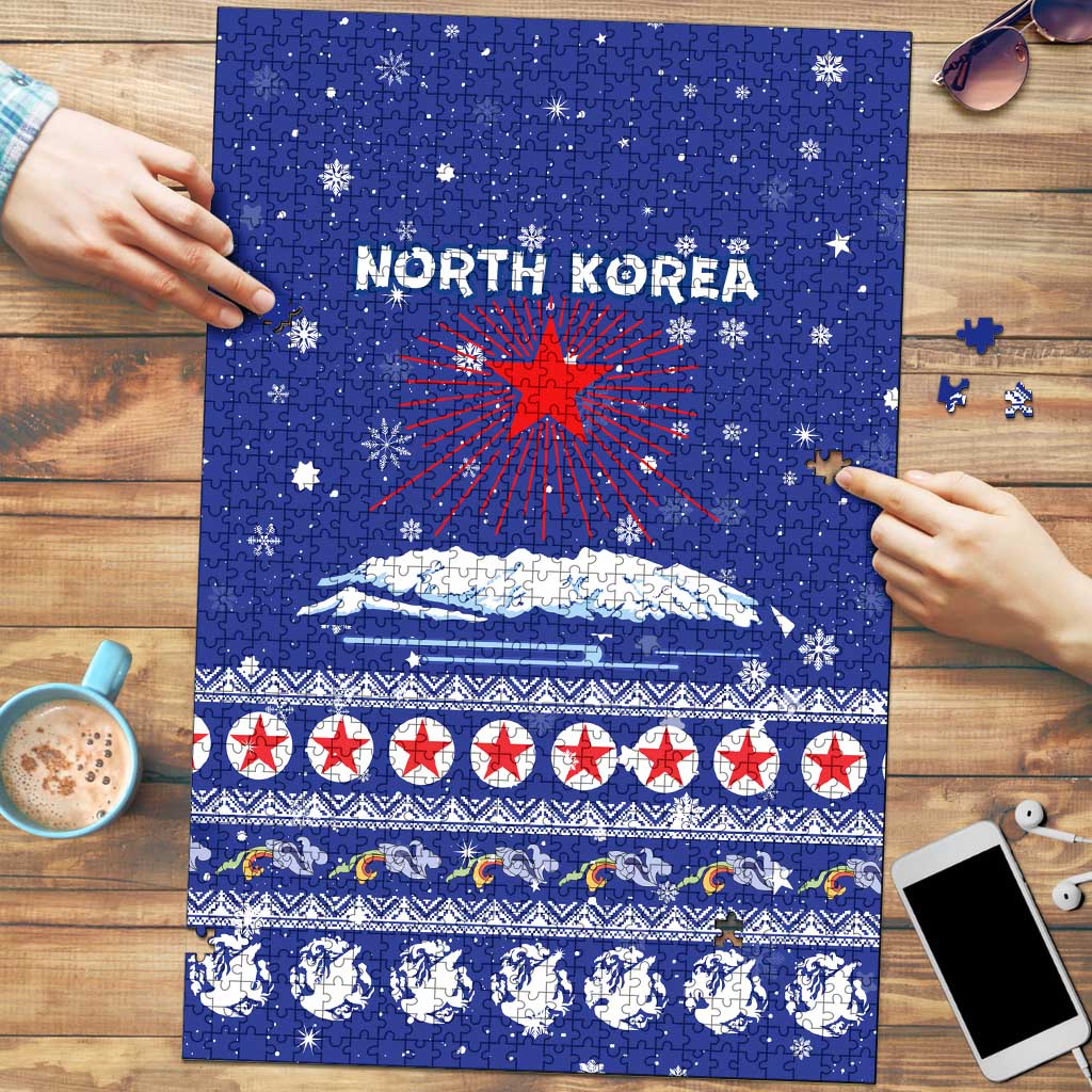 North Korea Christmas Puzzle with Blue Pattern, Red Star, and Snowy Mountain Motif - Wonder Print Shop