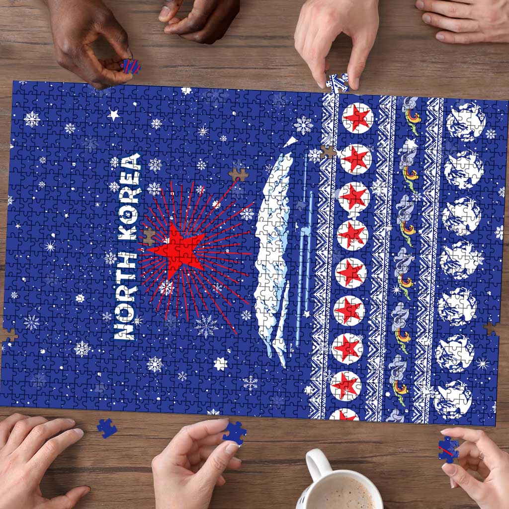 North Korea Christmas Puzzle with Blue Pattern, Red Star, and Snowy Mountain Motif - Wonder Print Shop
