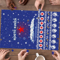 North Korea Christmas Puzzle with Blue Pattern, Red Star, and Snowy Mountain Motif - Wonder Print Shop