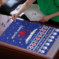 North Korea Christmas Puzzle with Blue Pattern, Red Star, and Snowy Mountain Motif - Wonder Print Shop