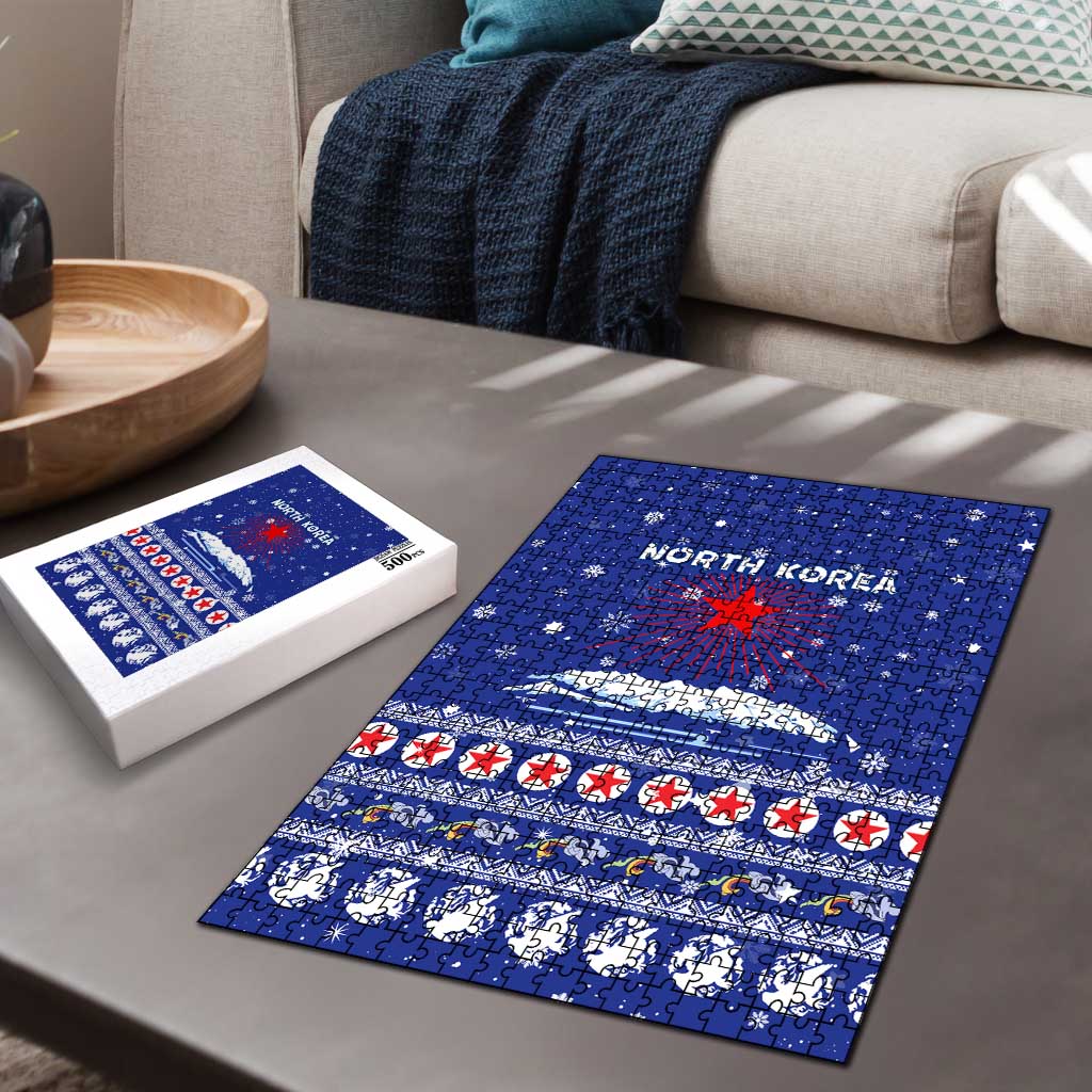 North Korea Christmas Puzzle with Blue Pattern, Red Star, and Snowy Mountain Motif - Wonder Print Shop