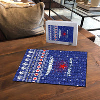 North Korea Christmas Puzzle with Blue Pattern, Red Star, and Snowy Mountain Motif - Wonder Print Shop