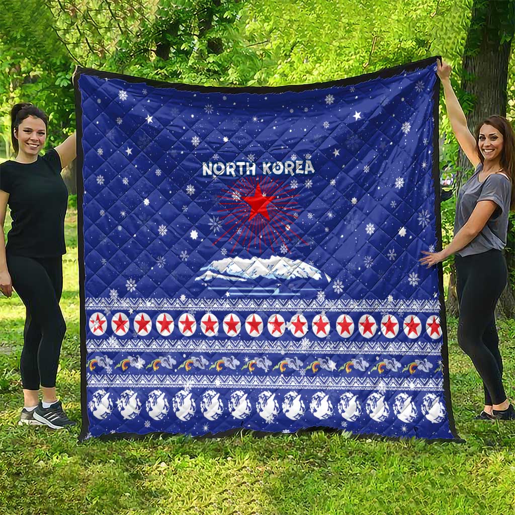 North Korea Christmas Quilt with Blue Pattern, Red Star, and Snowy Mountain Motif - Wonder Print Shop