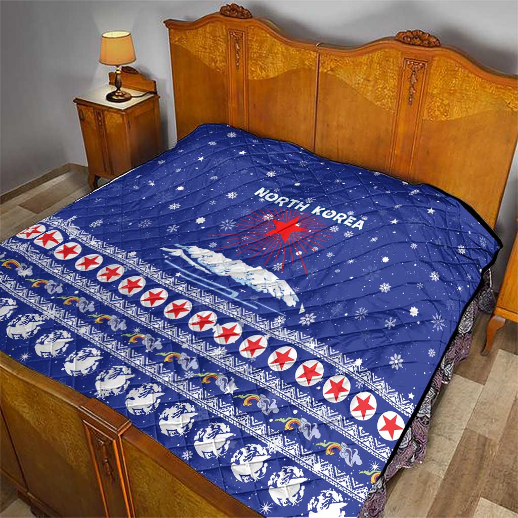 North Korea Christmas Quilt with Blue Pattern, Red Star, and Snowy Mountain Motif - Wonder Print Shop