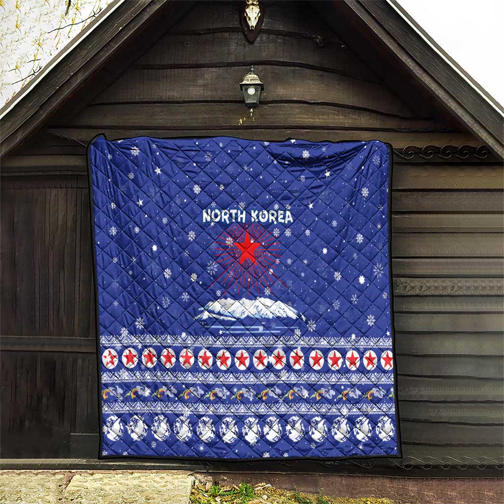North Korea Christmas Quilt with Blue Pattern, Red Star, and Snowy Mountain Motif - Wonder Print Shop