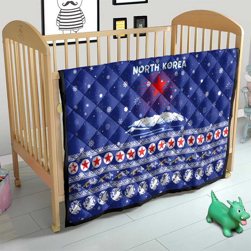 North Korea Christmas Quilt with Blue Pattern, Red Star, and Snowy Mountain Motif - Wonder Print Shop