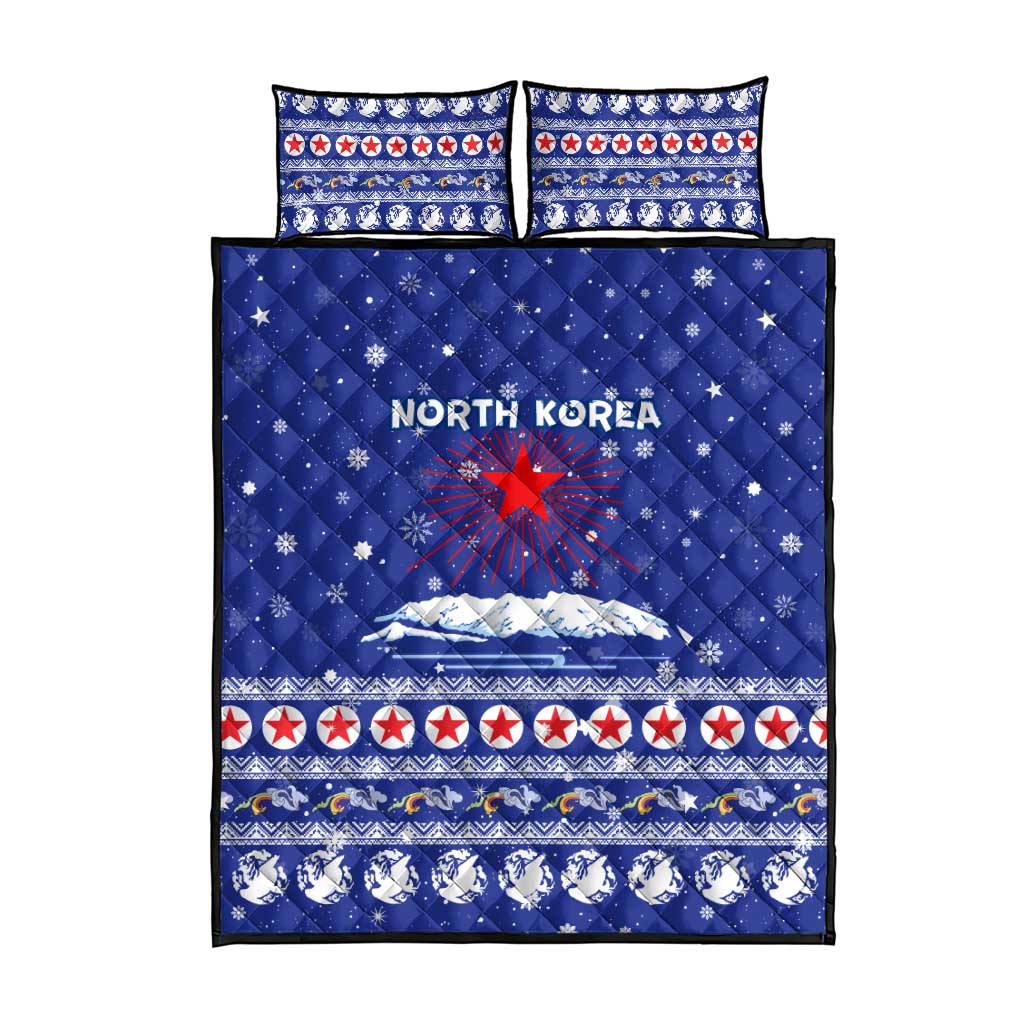 North Korea Christmas Quilt Bed Set with Blue Pattern, Red Star, and Snowy Mountain Motif - Wonder Print Shop