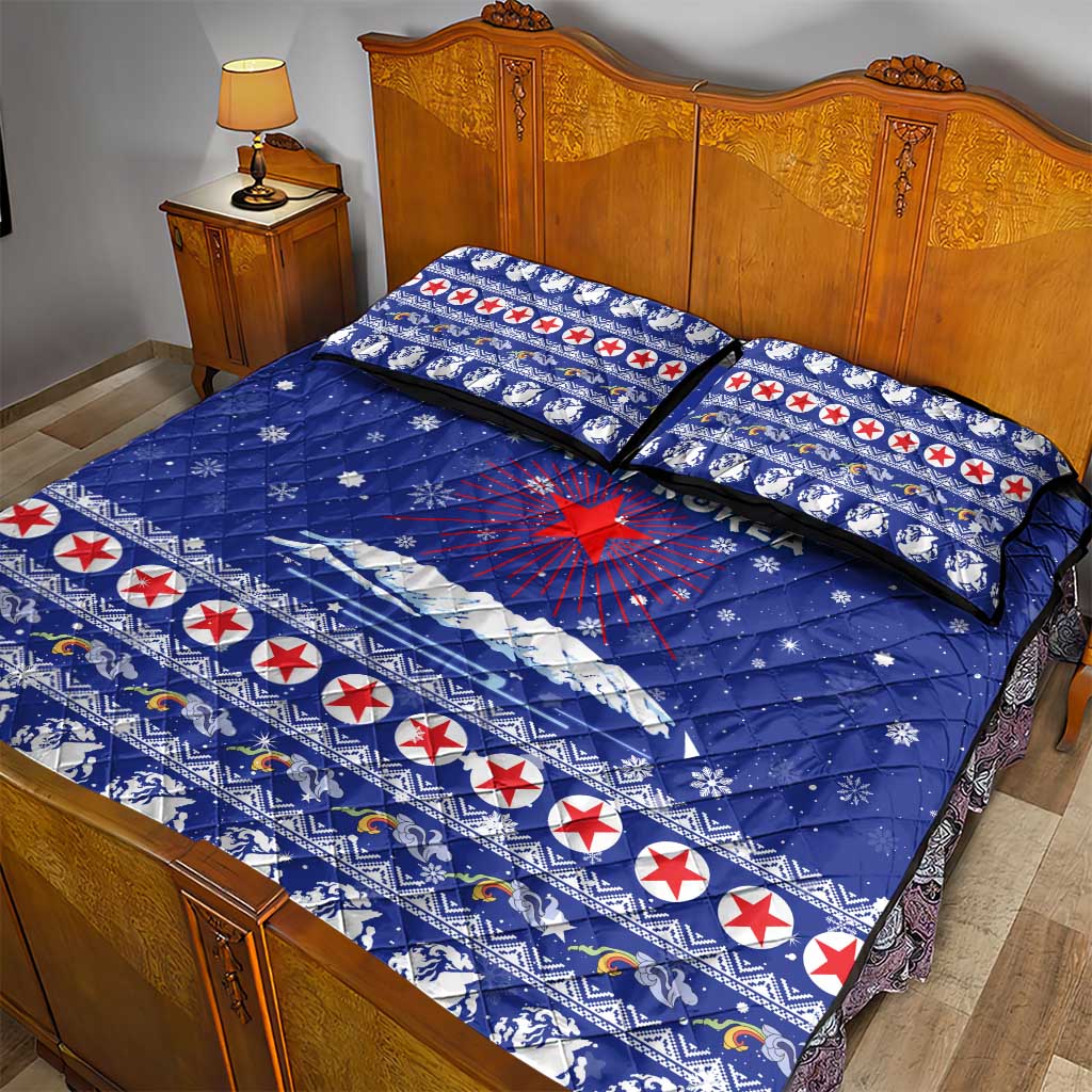 North Korea Christmas Quilt Bed Set with Blue Pattern, Red Star, and Snowy Mountain Motif - Wonder Print Shop