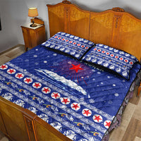 North Korea Christmas Quilt Bed Set with Blue Pattern, Red Star, and Snowy Mountain Motif - Wonder Print Shop
