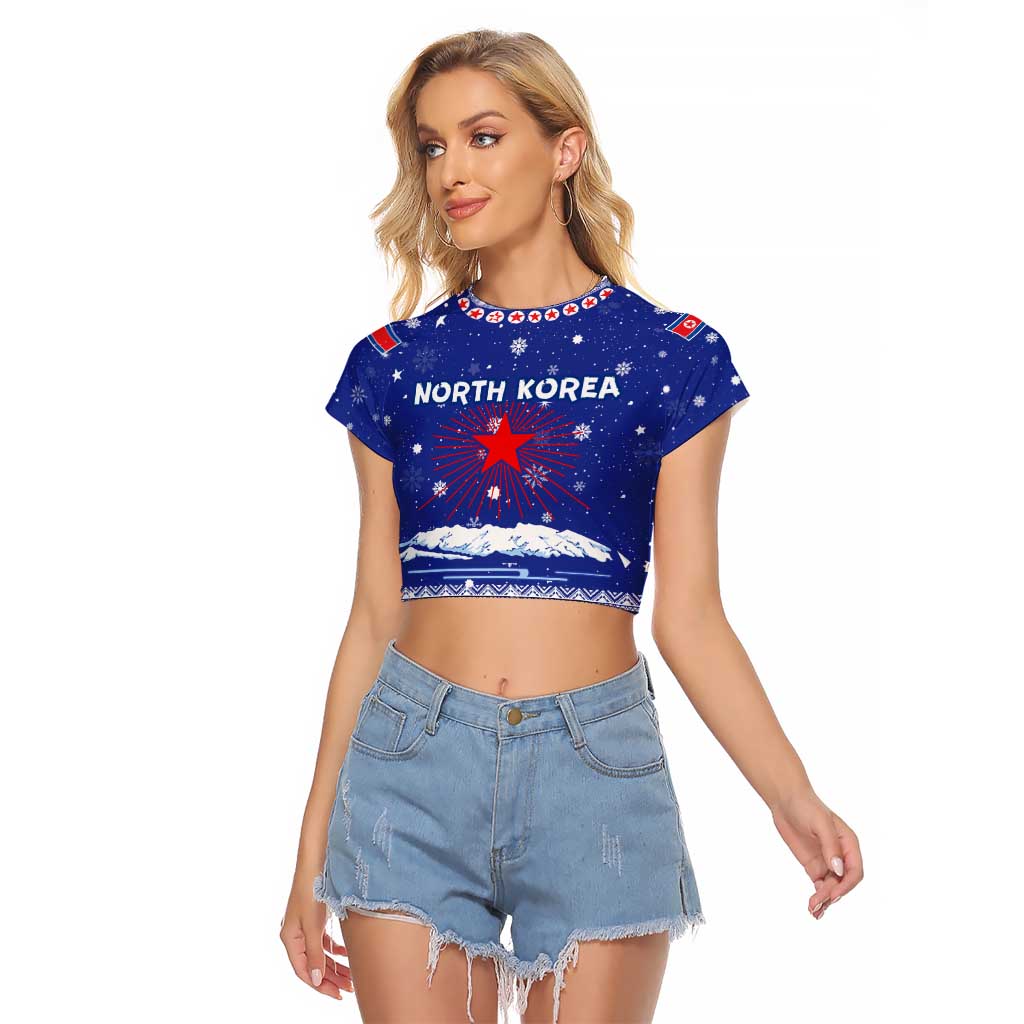 North Korea Christmas Raglan Cropped T Shirt with Blue Pattern, Red Star, and Snowy Mountain Motif - Wonder Print Shop