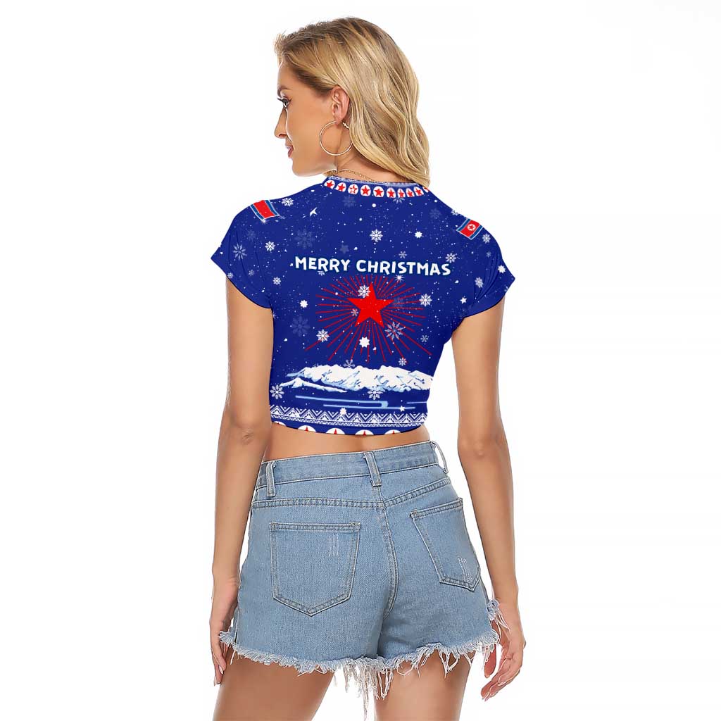 North Korea Christmas Raglan Cropped T Shirt with Blue Pattern, Red Star, and Snowy Mountain Motif - Wonder Print Shop