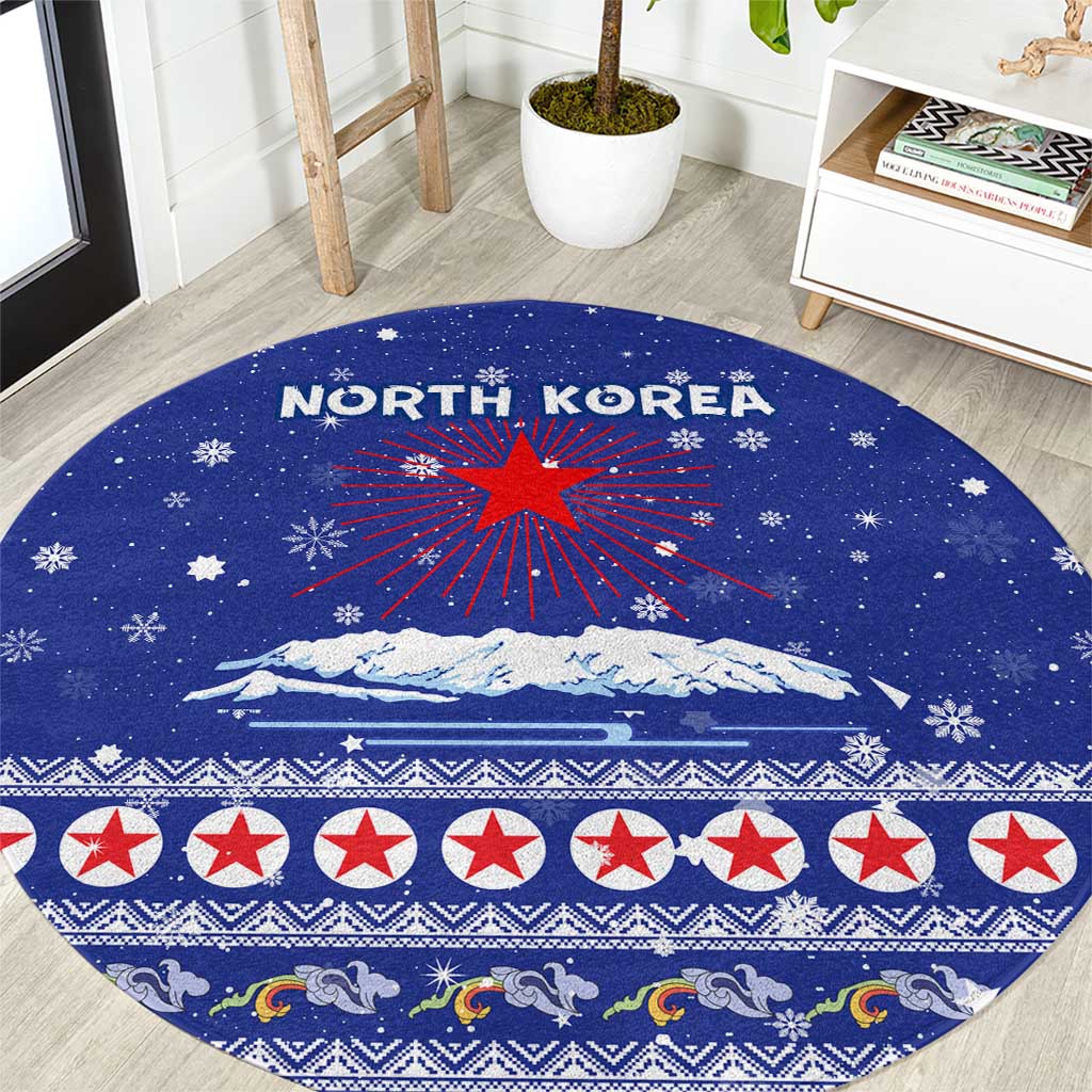 North Korea Christmas Round Carpet with Blue Pattern, Red Star, and Snowy Mountain Motif - Wonder Print Shop