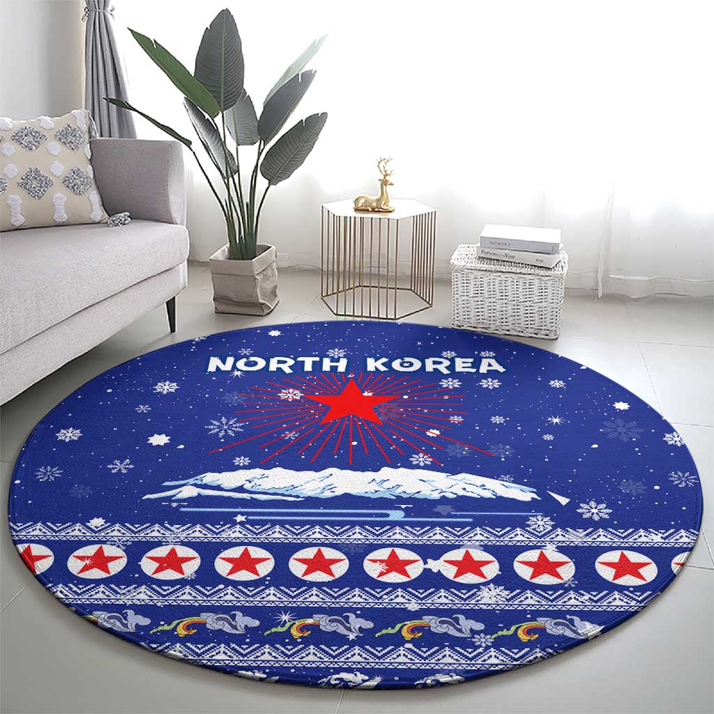 North Korea Christmas Round Carpet with Blue Pattern, Red Star, and Snowy Mountain Motif - Wonder Print Shop
