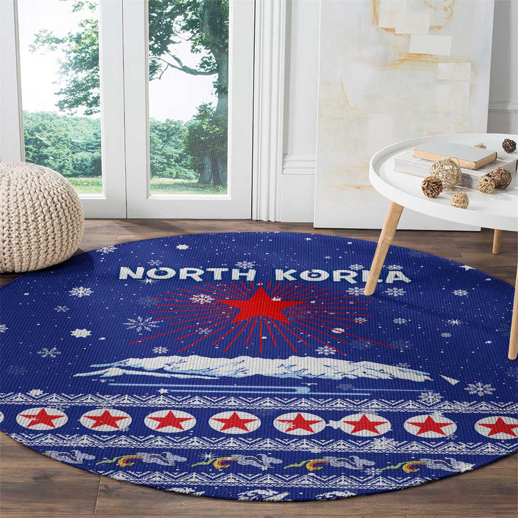 North Korea Christmas Round Carpet with Blue Pattern, Red Star, and Snowy Mountain Motif - Wonder Print Shop